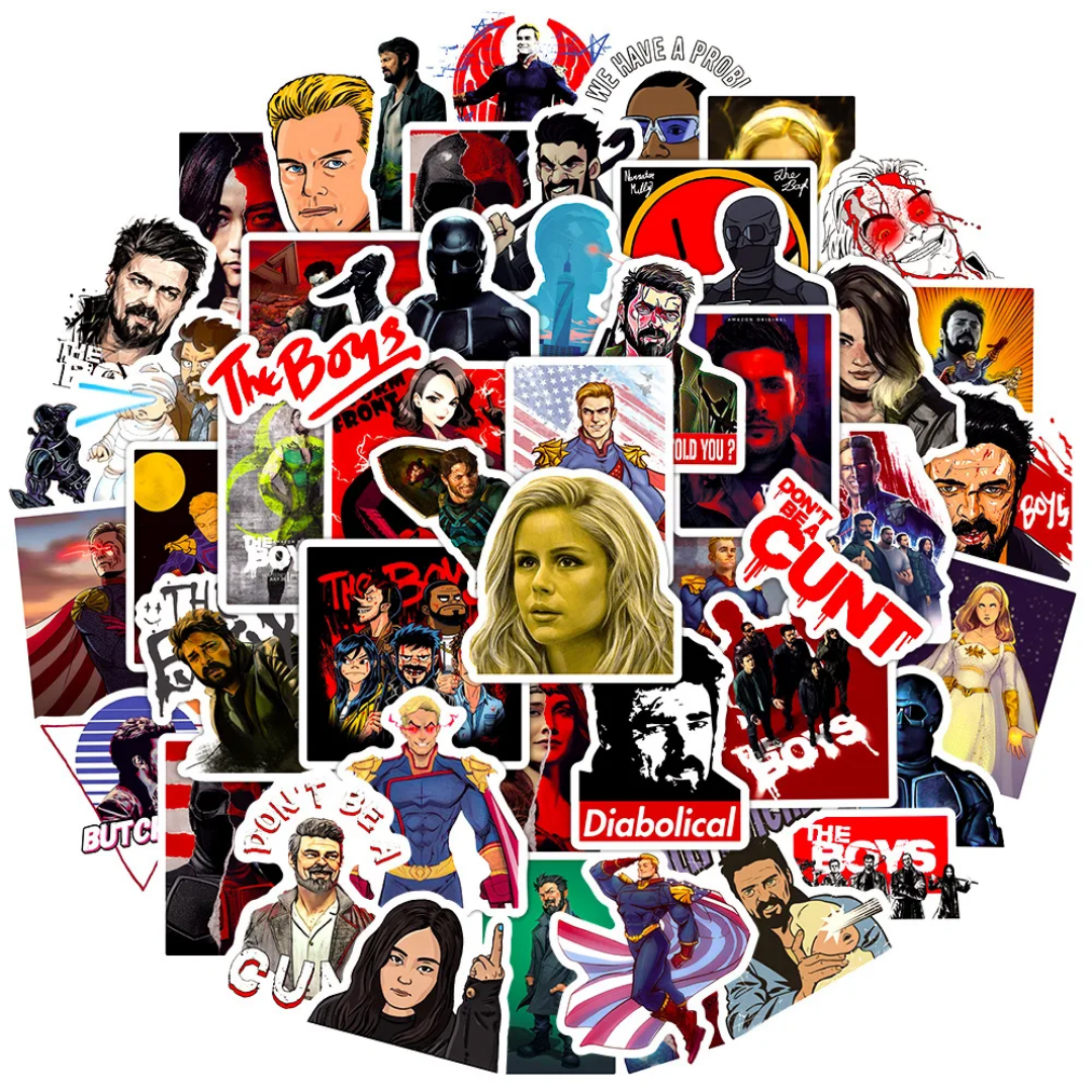 50 pieces ' The Boyz ' Stickers – Homelander, Butcher & Superhero Designs